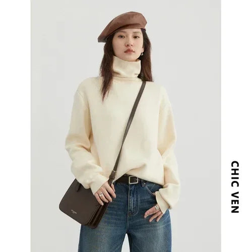 CHIC VEN Women Sweaters Long Sleeve Solid Turtleneck Basic Woman Jumpers Female Knitted Pullovers Tops Warm Autumn Winter 2023