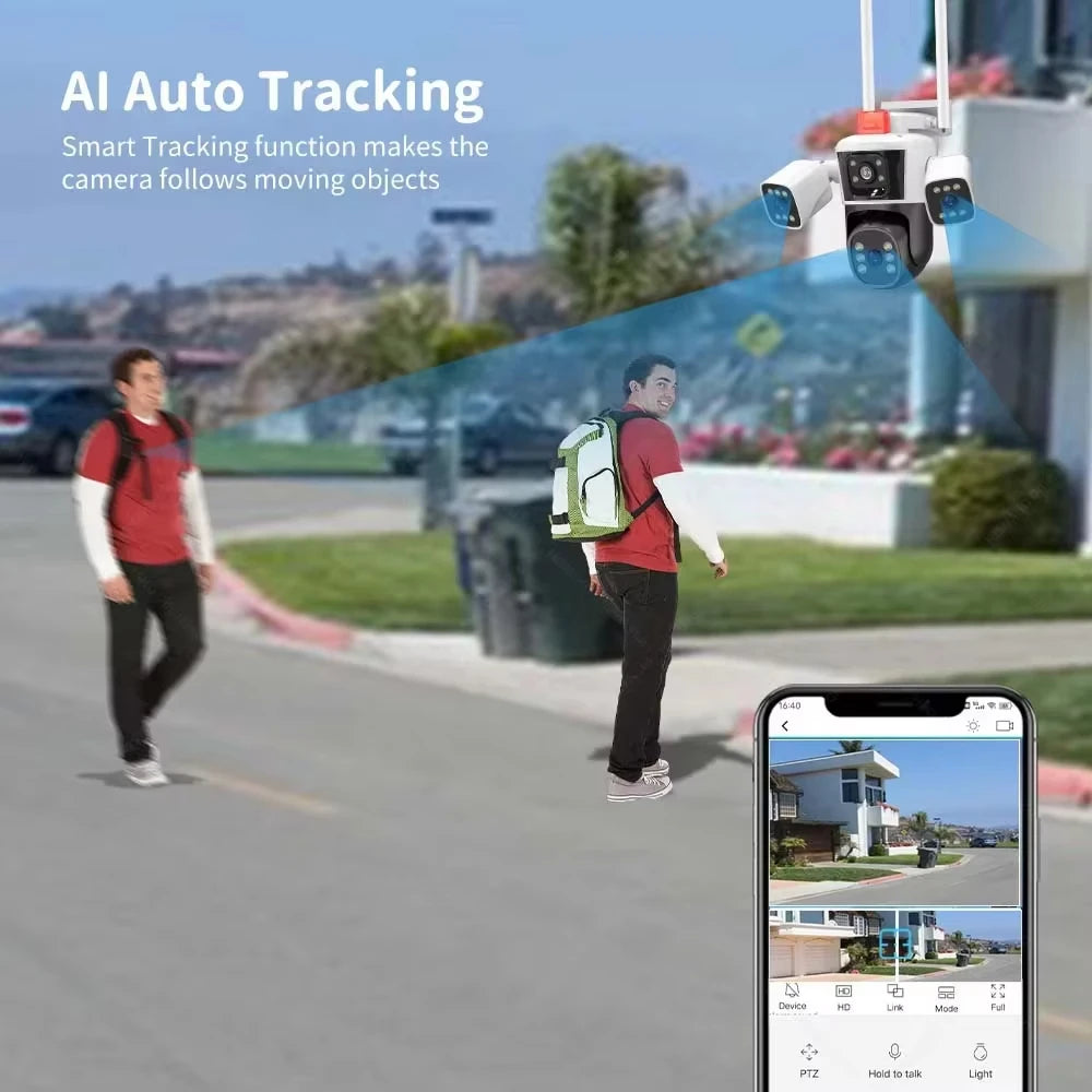12MP 6K WiFi Security Cameras Four Len Three Screens Outdoor PTZ Video Cam Auto Tracking 6K Waterproof Surveillance Cam IPC360