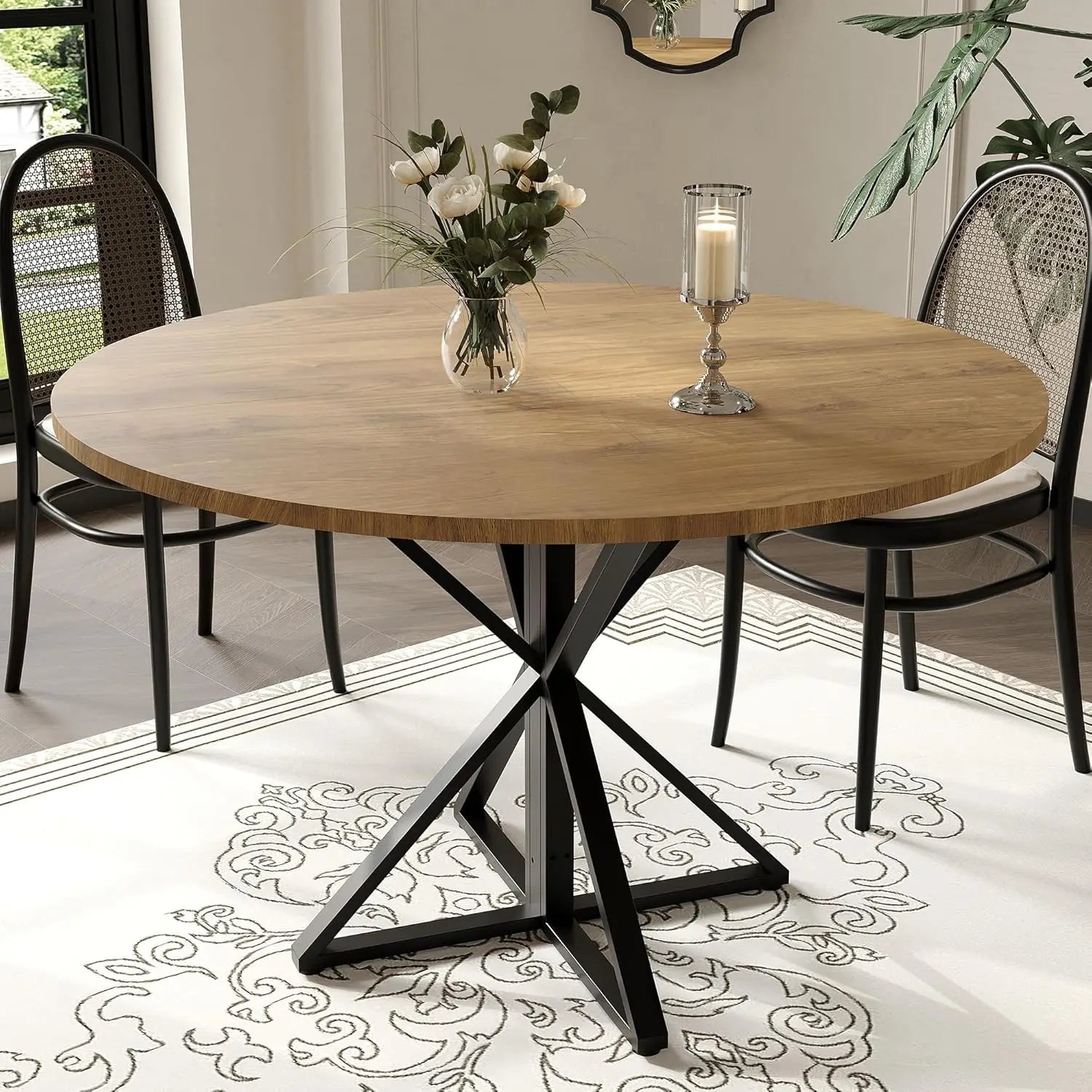 Garvee 4 People Version 47" Circle Counter Table: Oak Farmhouse Kitchen Living Room Dinner Ledge, Large Space-Saving Outside Framework Central Pedestal Desk for Dining Room Lounge Corridor Furniture Moving Tool Kit