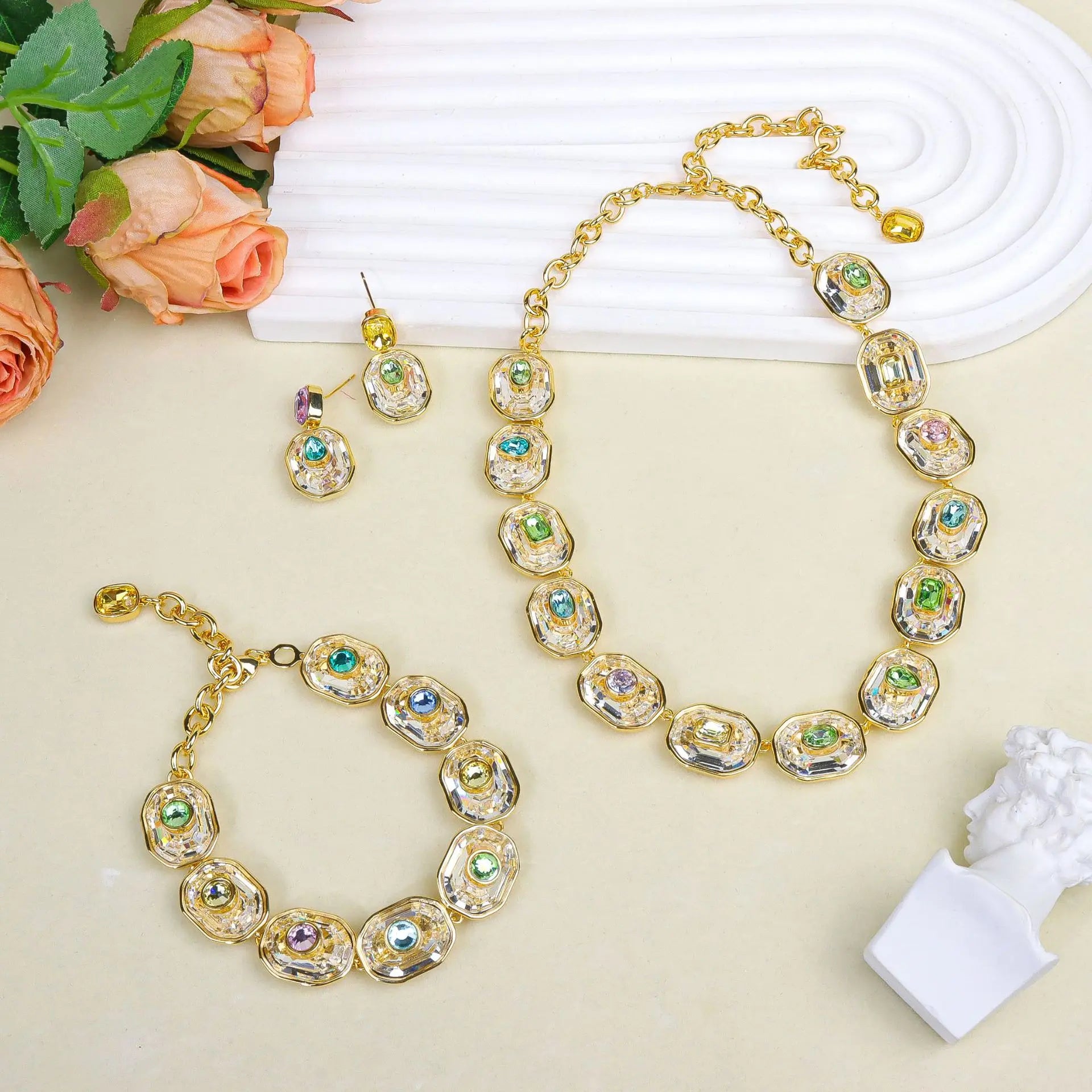 Delicate Crystal Beaded Necklace Earrings Bracelet Gift Set, High-End Fashion Jewelry Collection for Women,work to dinner piece