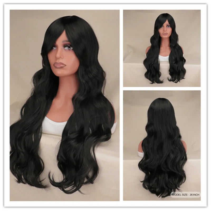 Long Black Wavy Hair Wigs for Women Natural Synthetic Curly Wig Heat Resistant Fiber Wigs for Daily Cosplay