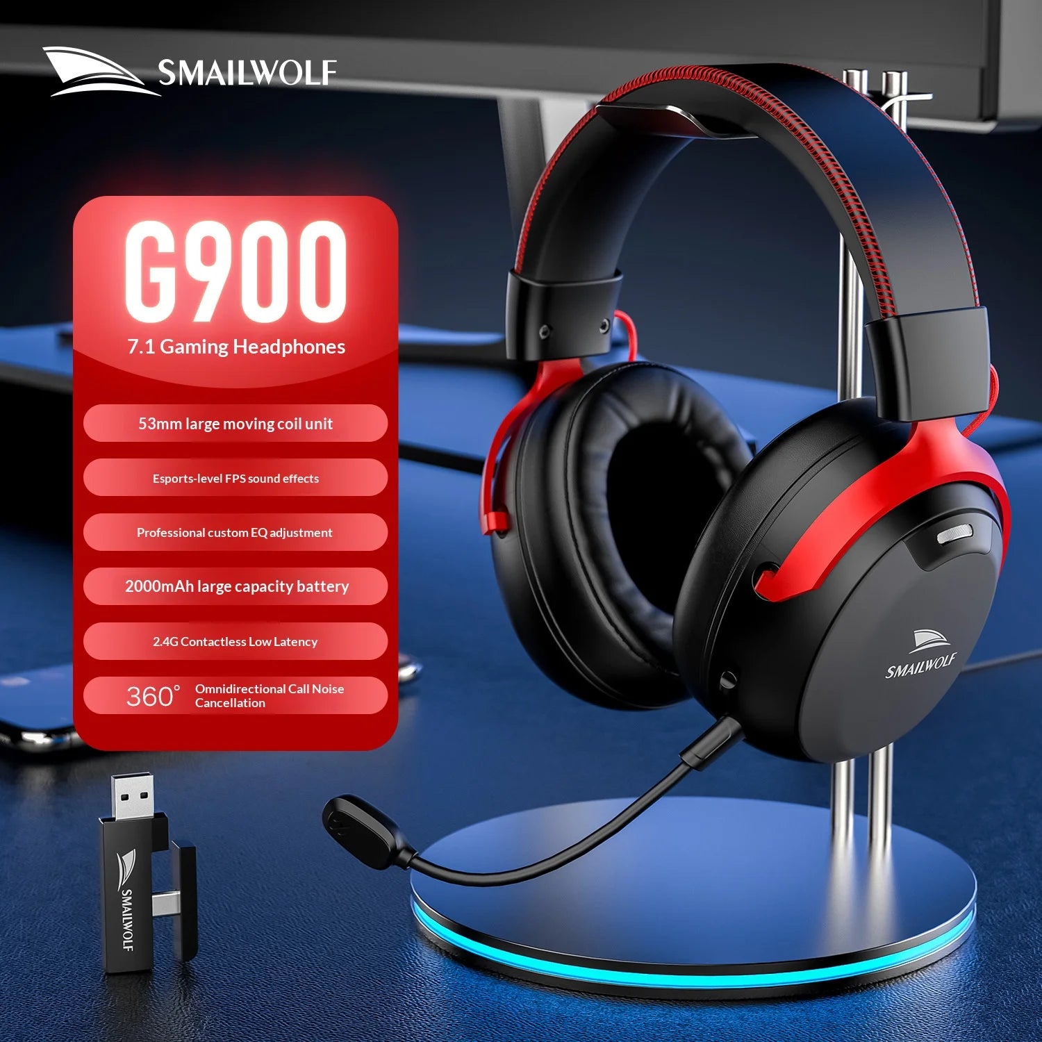 G900 Wireless Gaming Headset, 53mm Driver 7.1 Surround Sound, 2000mAh 100H Battery, 15ms Low Latency, 2.4G/BT for PC PS5 Switch