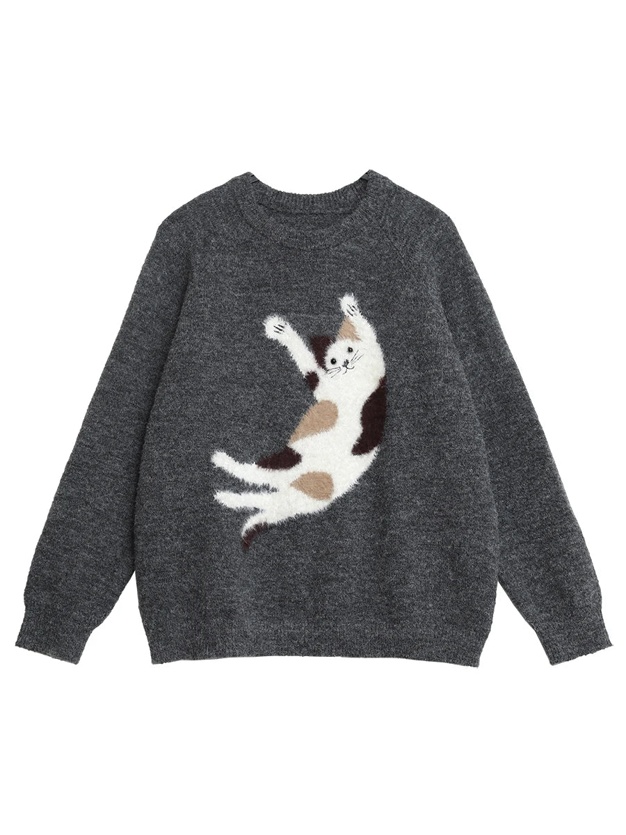 CHIC VEN Women Sweaters Loose Casual O Neck Knitted Cartoon Cat Warm Knitting Jumper Female Jumpers Pullovers Autumn Winter 2025
