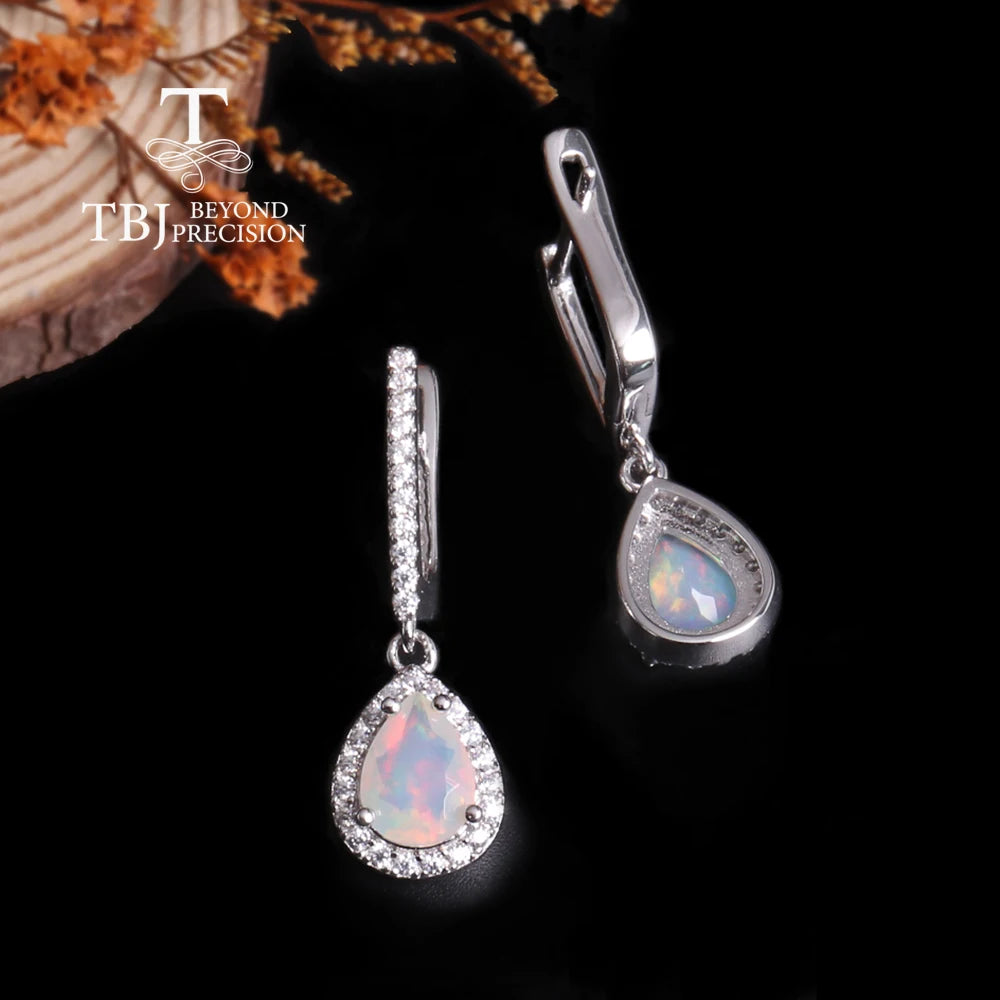 925 Sterling Silver Simple Pear Clasp Earrings with Natural Ethiopia Opal Gemstones Fine Jewelry for Women Nice Gift