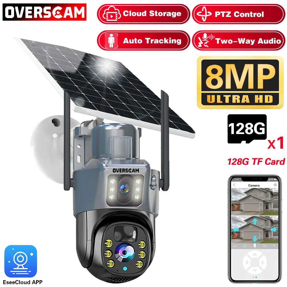 4K 8MP Solar PTZ Camera WIFI Dual Lens Security CCTV Zoom Humanoid Tracking Record Outdoor Wireless Surveillance Cam 128 TF Card