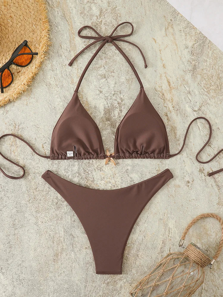 Sexy Bikini Set Solid Swimsuit Women Beachwear 2026 Thong Micro Bikinis Female Swimwear High Cut Neck Bathing Suit Beach Biquini