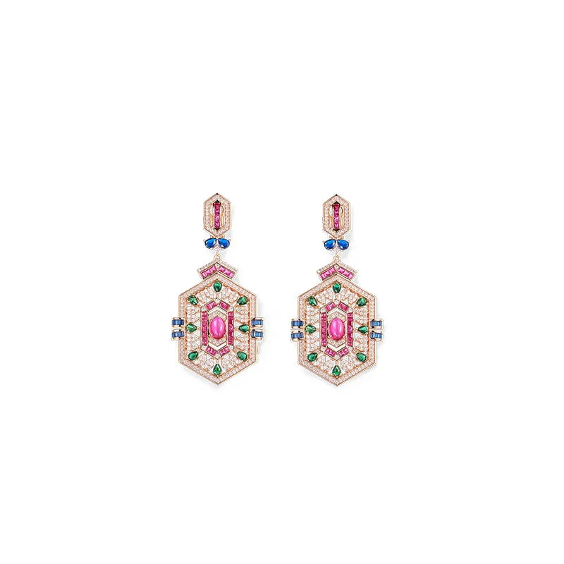Vintage Style Earrings Necklace Women Lady Inlay Cubic Zircon Synthetic Ruby Rhombus Tassels Pendant Party Jewelry Sets