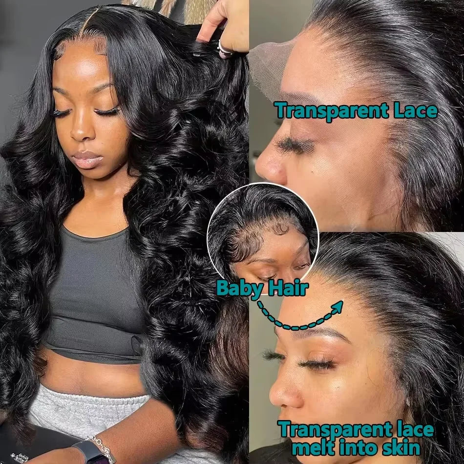 100% Human Hair 13x6 Lace Frontal Wigs Body Wave HD 13x4 Lace Front Wig Black Loose Water 30 40 Inch Black