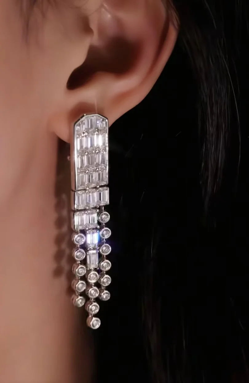 Bellux 925 Silver Synthetic Zircon White Emerald Cut Gemstone Small Round Diamond Tassel Long Earrings for Women
