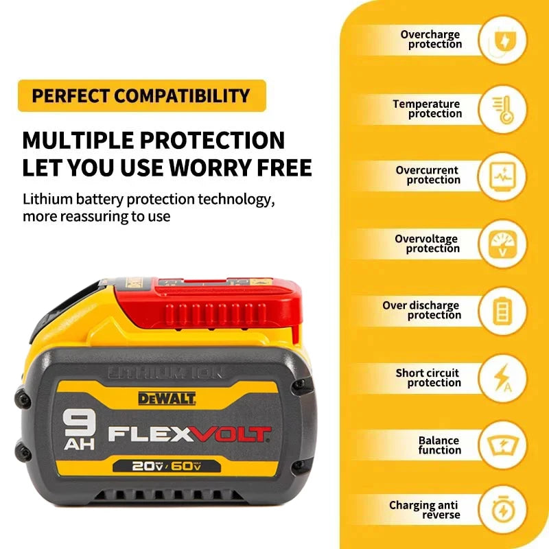 Dewalt 20V/60V 9Ah FlexVolt Lithium Ion Battery Dual Volt 180Wh Replacement Tool Battery Charger Combo Available DCB609 DCB606