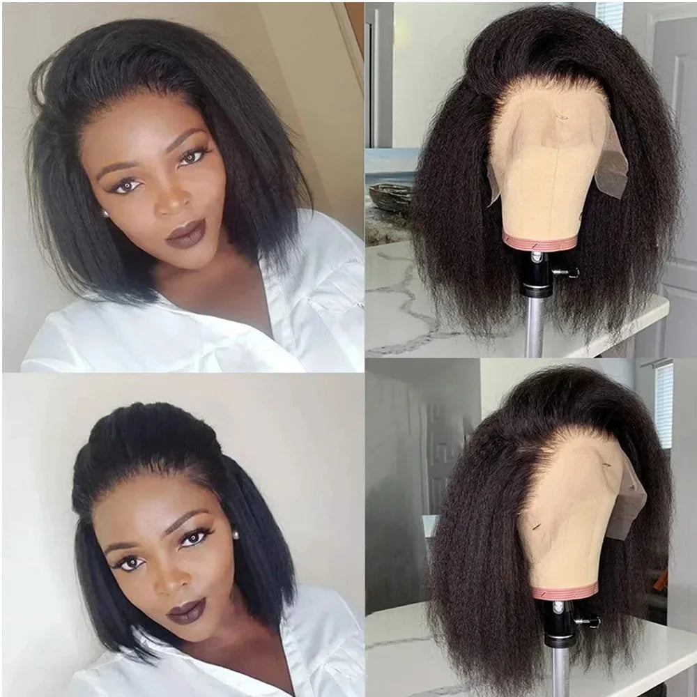 100% Human Hair Wig Kinky Straight Bob Wigs Human Hair 13x4 HD Lace Frontal Wigs 4x4 Lace Closure Glueless Wigs For Women 180%