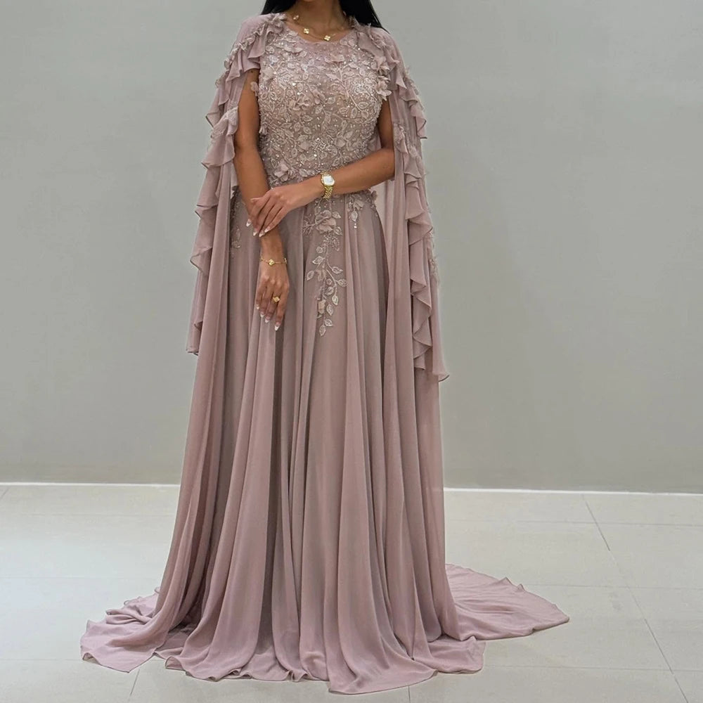 Customized Mermaid Evening Dresses Floor-length O-neck Sleeveless Prom Gown Fashion Flowers Crystal Stole Draped Party Gown