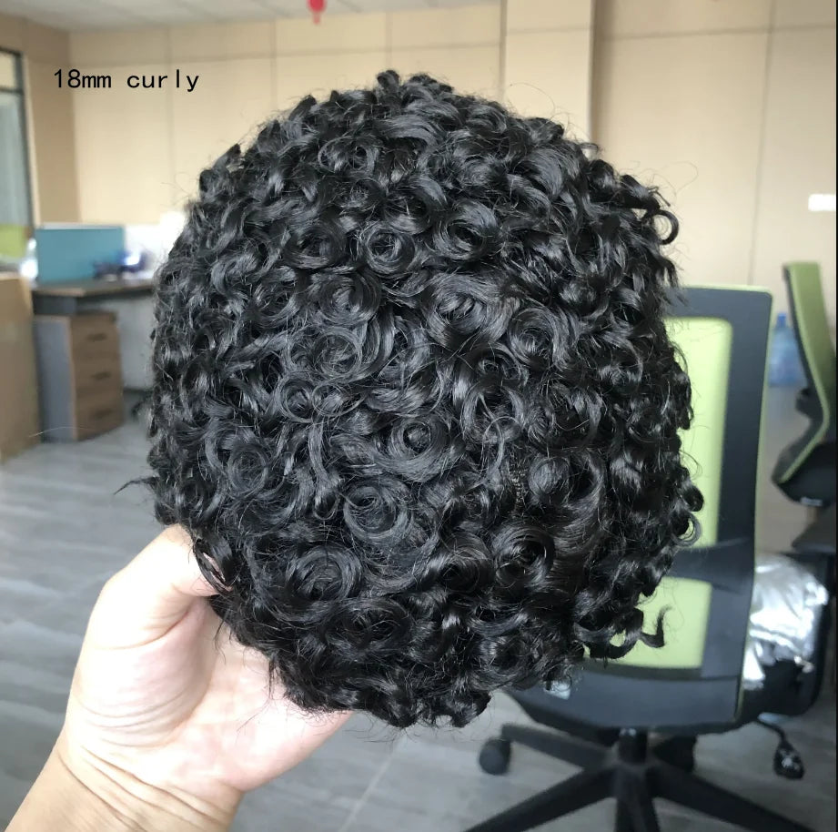 Curly Men's Wig 15mm Black Brown Human Hair Mono NPU Breathable Toupee18mm 20mm Curly Durable Male Replacement System Prosthesis