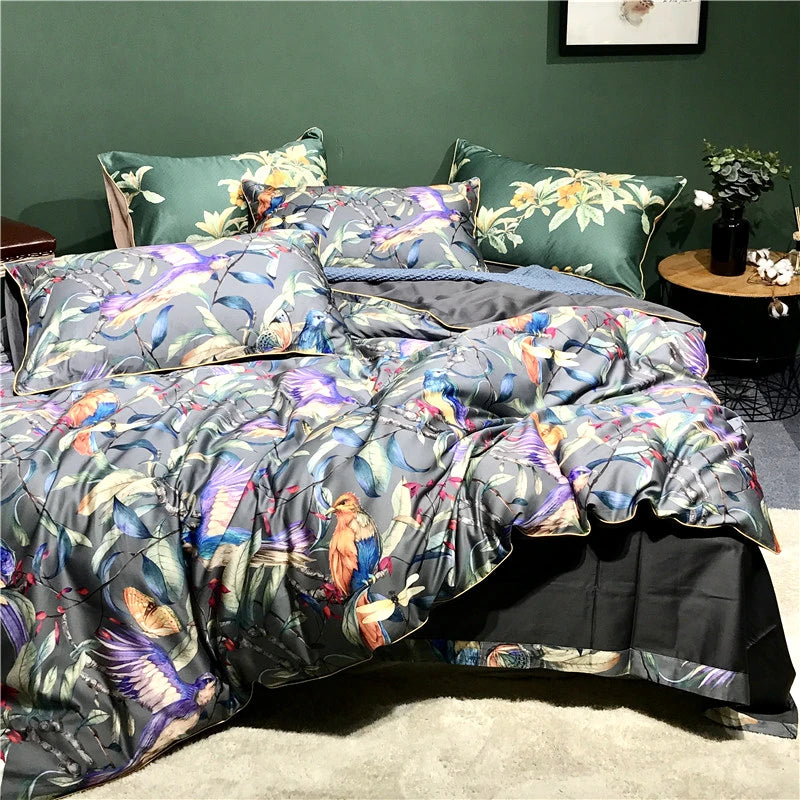 Flower Bird Digital Printing Bedding Sets 600TC Egyptian Cotton 4pcs Bed Linen Duvet Cover Set Luxury Bed Sheets Pillowcases #s