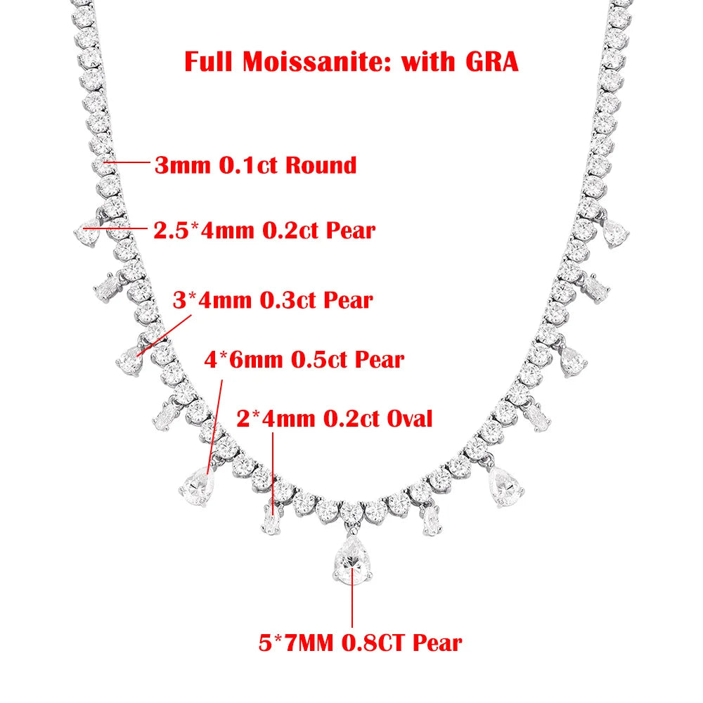 Full 3MM Moissanite Tennis Necklace with Pear Pendant 925 Sterling Silver Tassel Lab Diamond NeckChain for Women Wedding Jewelry