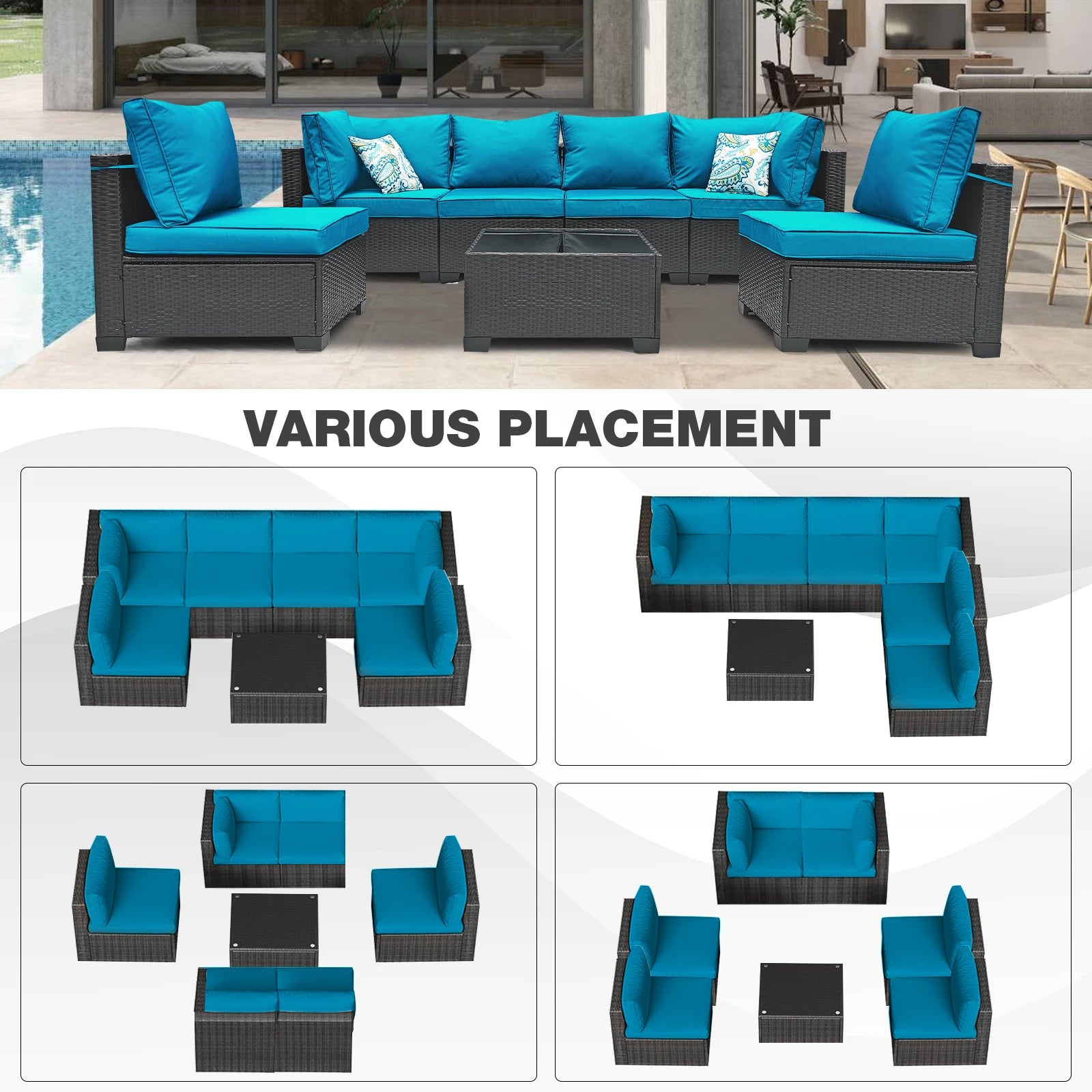Patio Furniture Set 7 Piece - All-Weather Wicker Rattan Outdoor Conversation Set in Black/Peacock Blue for Backyard Garden Pool