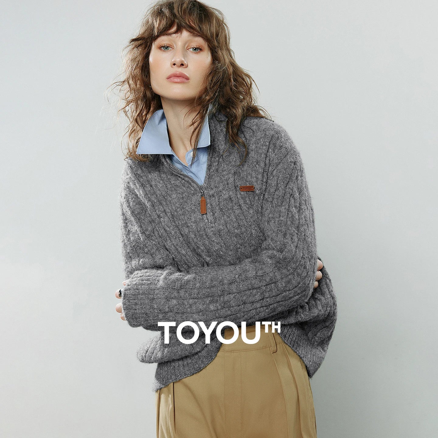 TOYOUTH Women Sweaters 2025 Winter NewAsymmetric Old Money Style Lazy Vibe Stand-Up Collar Zipper Cable Knit Marled Retro Top