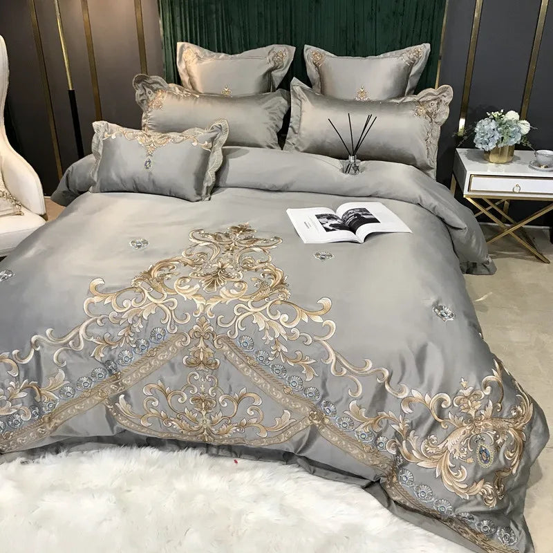 European Style Egyptian 100% Cotton Bedding Set Golden Embroidery Home Textiles Duvet Sheet Pillowcases Set Full King Queen Size