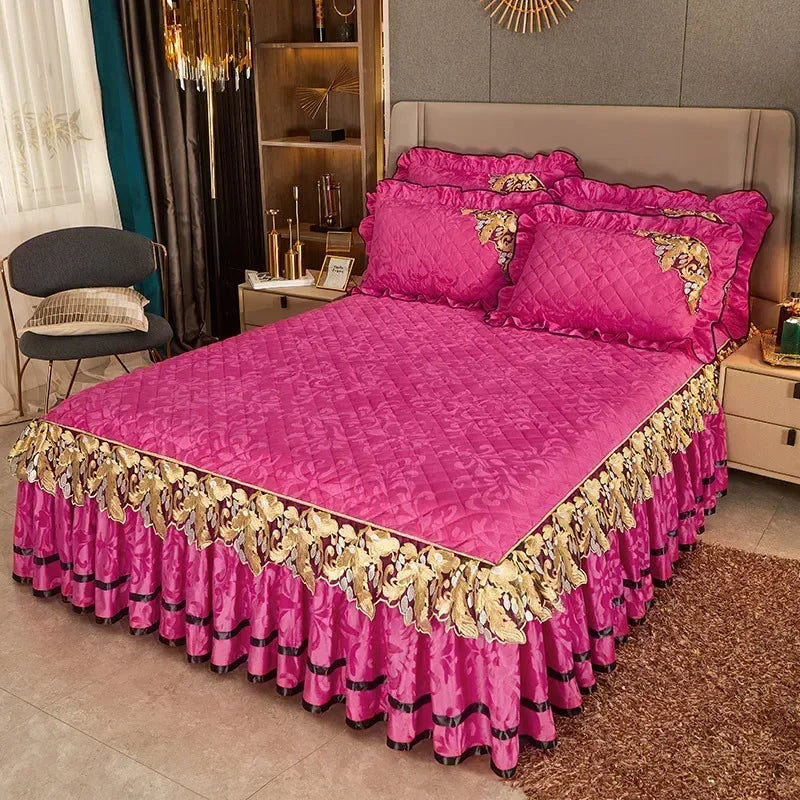 Plush Winter Warm Bedspread on The Bed Thickened Bed Skirt-style Embroidery Cotton Quilt Bedding Cover Pillowcases