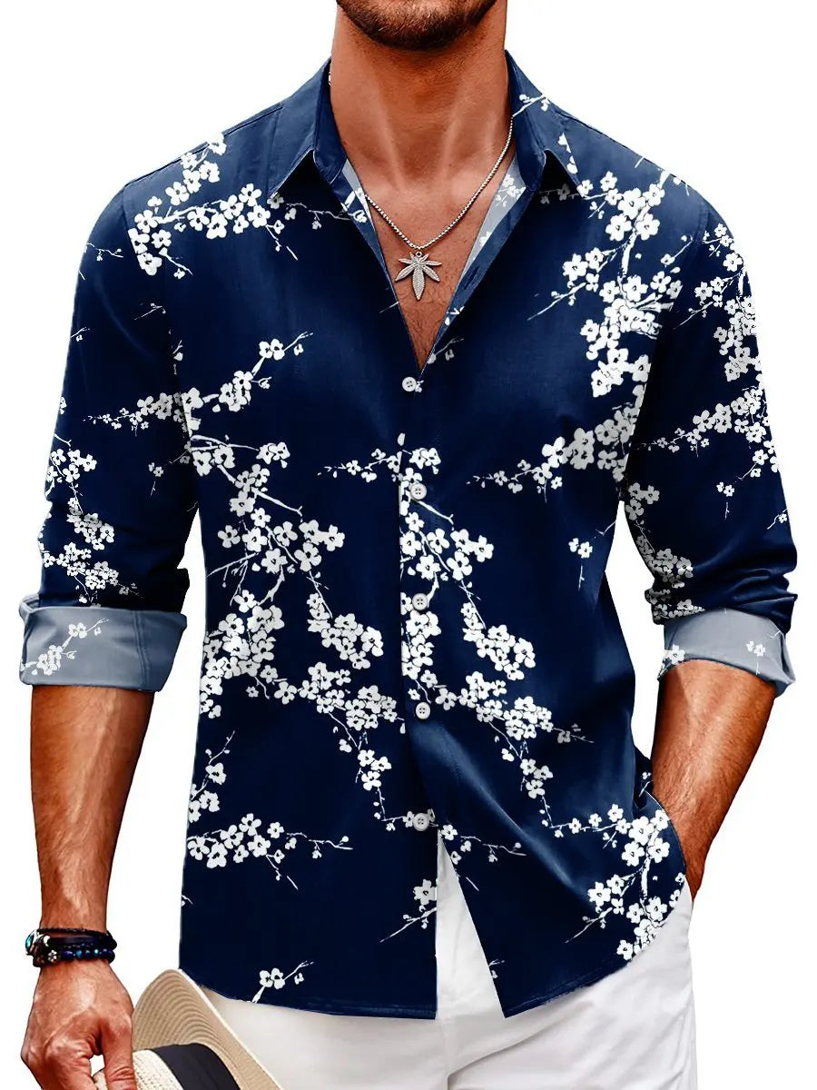 Mens Red Floral Print Long Sleeve Shirt 2023 Fashion Design Luxury Long Sleeve Tops Mens Four Seasons Button Lapel Shirt