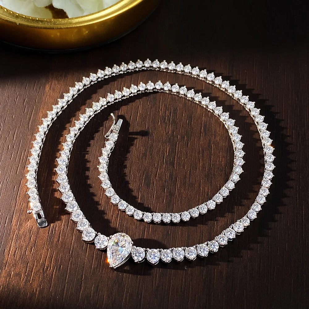 KNOBSPIN GRA Certified Moissanite Tennis Necklace with 4ct Pear Cut Pandent Solid 925 Silver Wedding Tennis Necklaces for Women