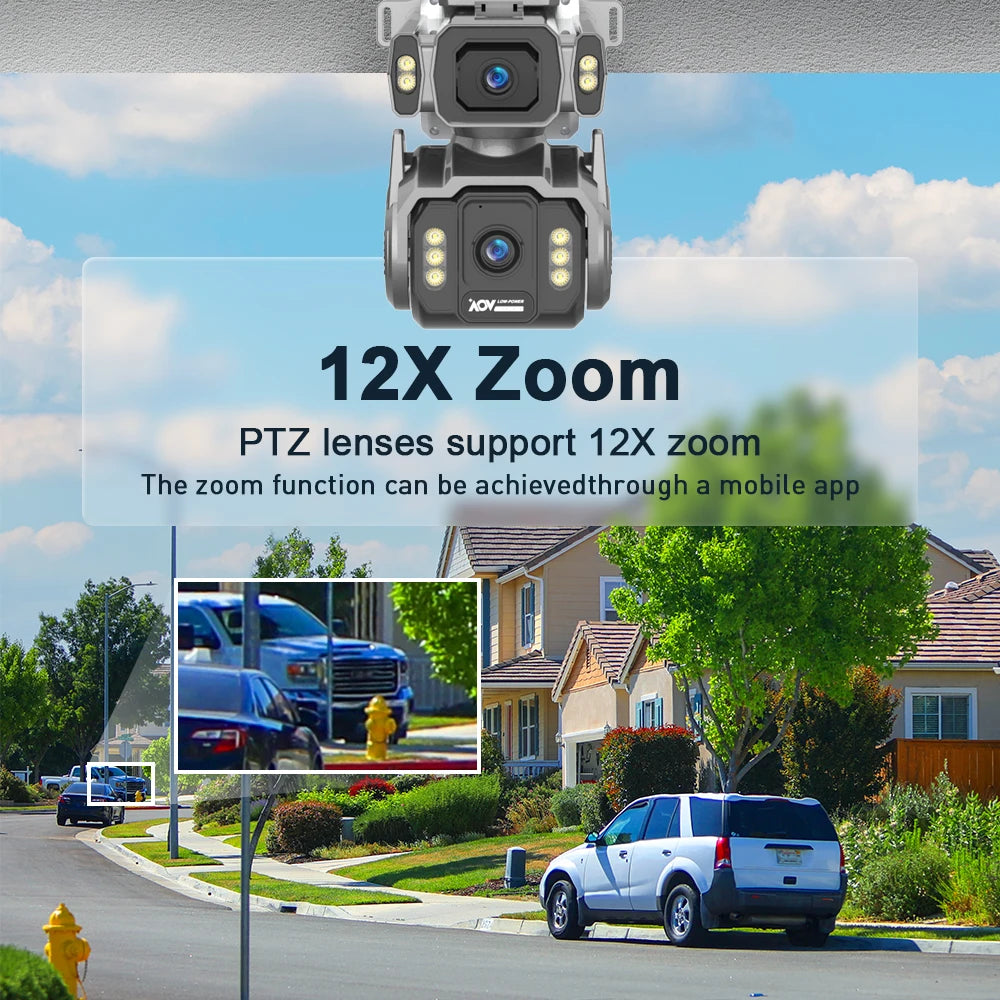 10MP 4G AOV Solar Cameras 12X Optical Zoom Dual Screen Outdoor Security Cameras 24/7 Video Recording Auto Tracking CCTV Hieasy