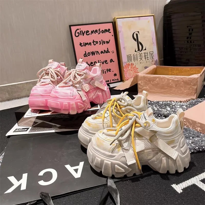 Women Chunky Sneakers High Heels Platform Thick Bottom Mesh Shoes Height Increase Fashion Unique Design Luxury Brand Spring 2025