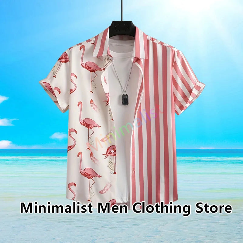2023 Leaf and Flamingo Print Shirt For Men Hawaiian Shirt Casual Beach Short Sleeve Fashion Tops Male Blouse Summer Clothing