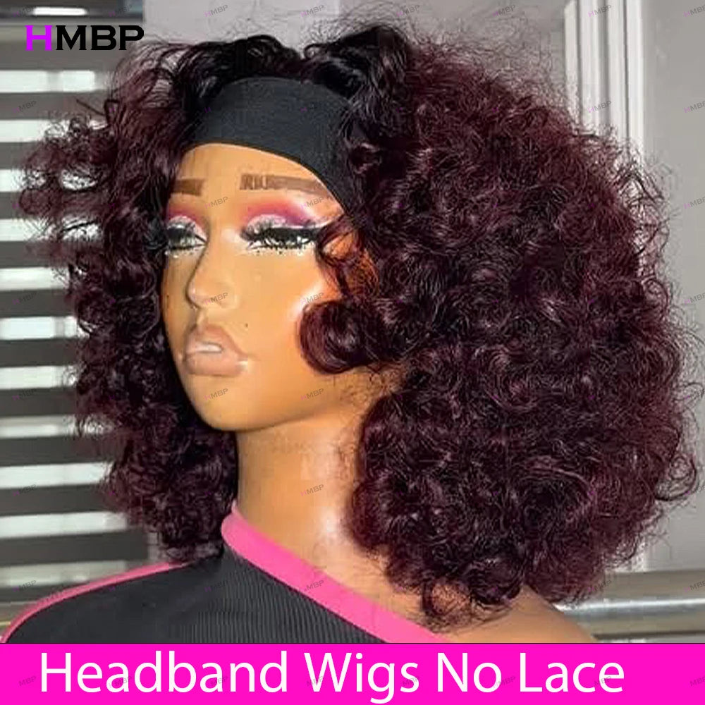 100% Human Hair Wigs Full Machine Made 400 Density #99j Bouncy Curly Headband Wig 13x6 HD Lace Frontal Wig For Women 10-18 Inch