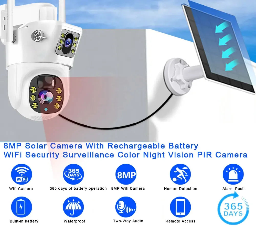 4K 8MP Solar PTZ Camera WIFI Dual Lens Security CCTV Zoom Humanoid Tracking Record Outdoor Wireless Surveillance Cam 128 TF Card