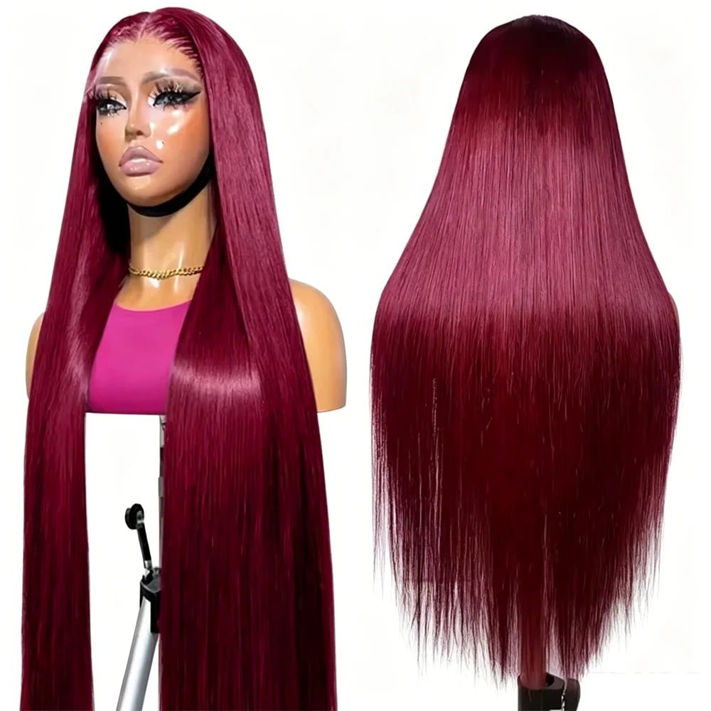 28 Inch 99J Burgundy Bone Straight Human Hair Wigs 13x4 HD Lace Front Pre Plucked with Baby Hair Body Wave Deep Curly Human Hair Wigs