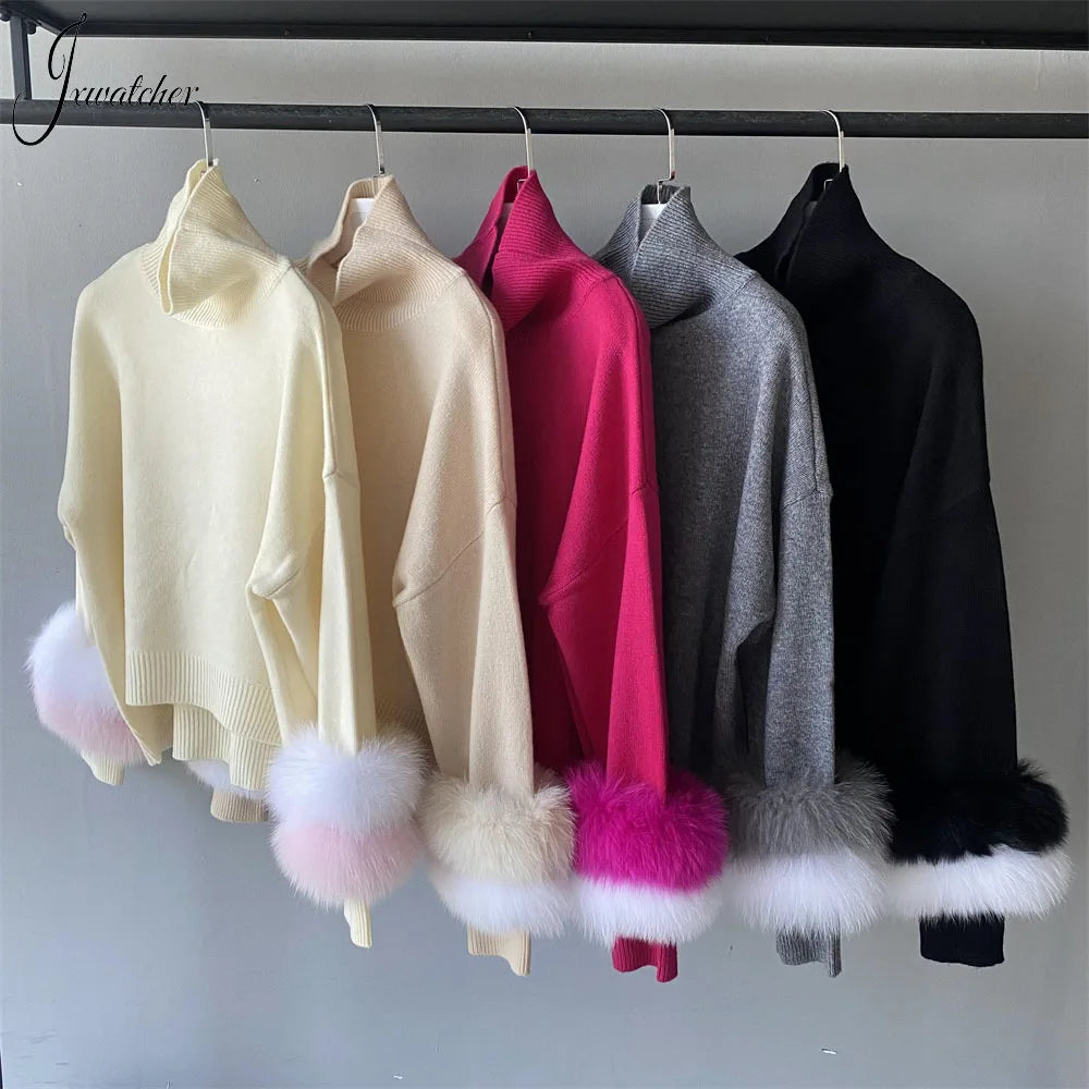 Jxwatcher Fashion Women Sweaters 2023 New Style Wool Knitted Pullover Real Fox Fur Cuffs Ladies Autumn Winter Warm Blouse Female