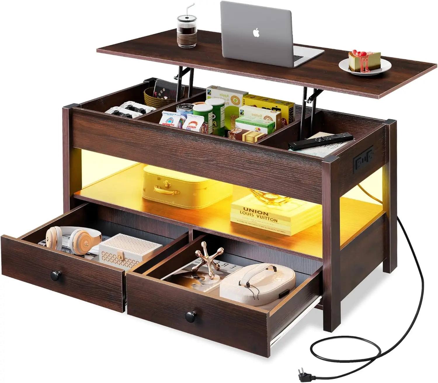WLIVE Black Lift Top Coffee Table with 2 Drawers LED Light - Large Storage Open Shelf for Living Room Modern Home Furniture
