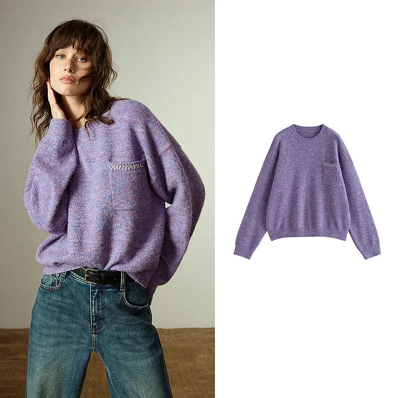 TOYOUTH Women Sweaters 2025 Winter New Crew-neck Loose Drop-shoulder Warm Knitted Tops