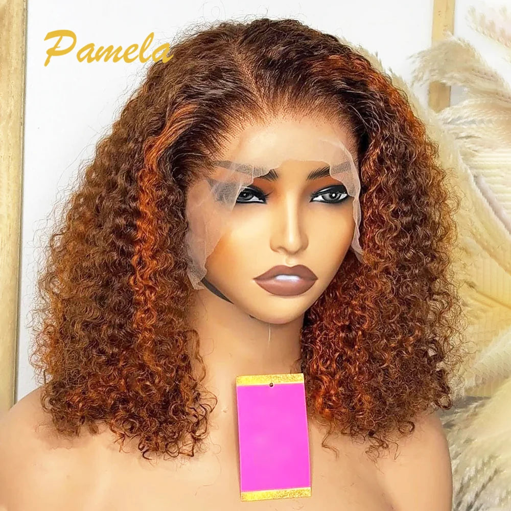 Highlight Blonde Curly Human Hair Glueless Wigs Brazilian Brown Colored 13x6 Transparent Lace Frontal Wigs For Woman