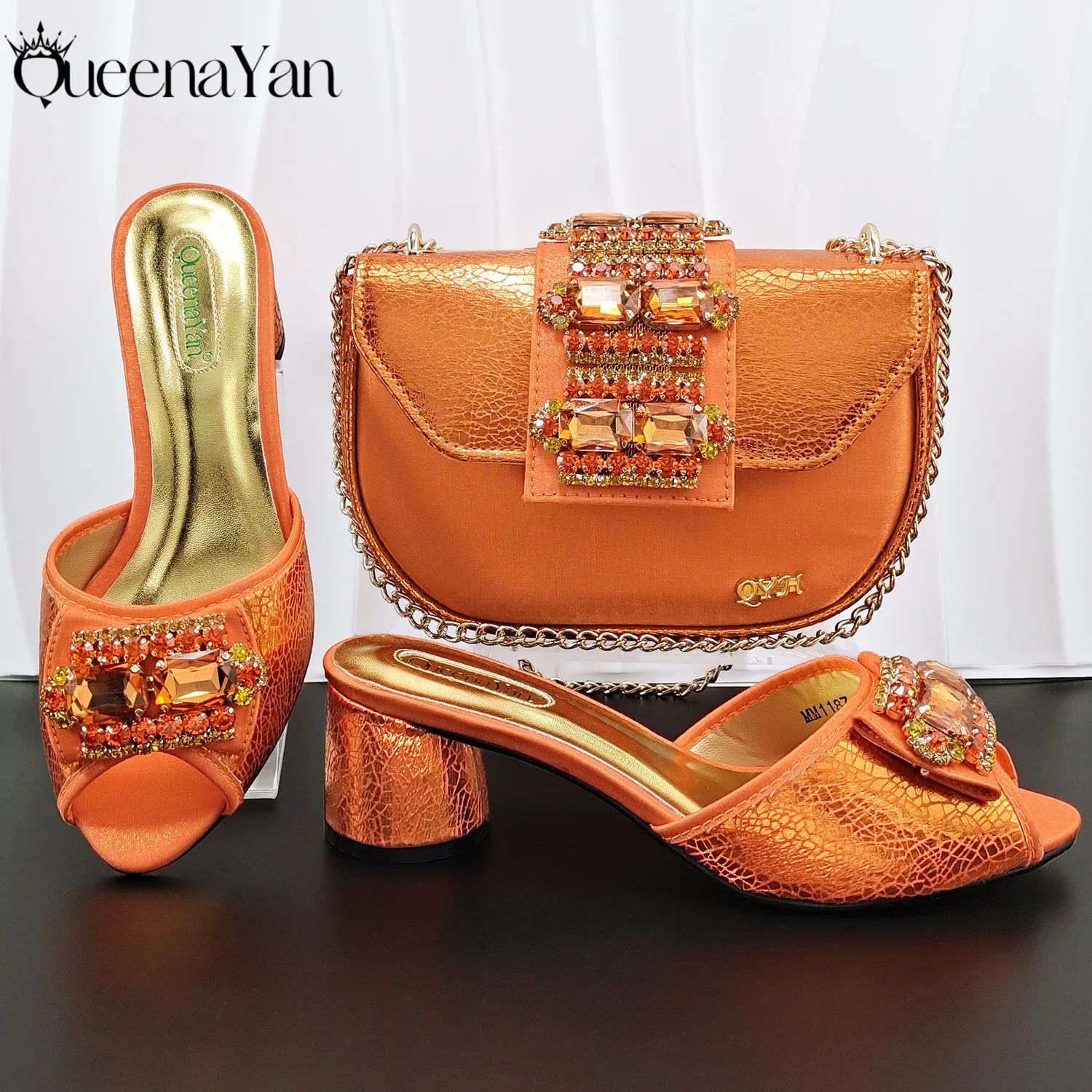 QueenaYan Italian Design Fashion Mature Style Rhinestone Peep Toe Party Women's High Heels with Diamond Oval Bag for Sky Blue
