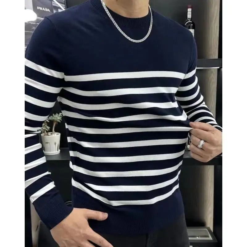Men's Long Sleeved T-shirt with Fashionable Stripes and Round Neck Versatile and Slim Fit Handsome Top