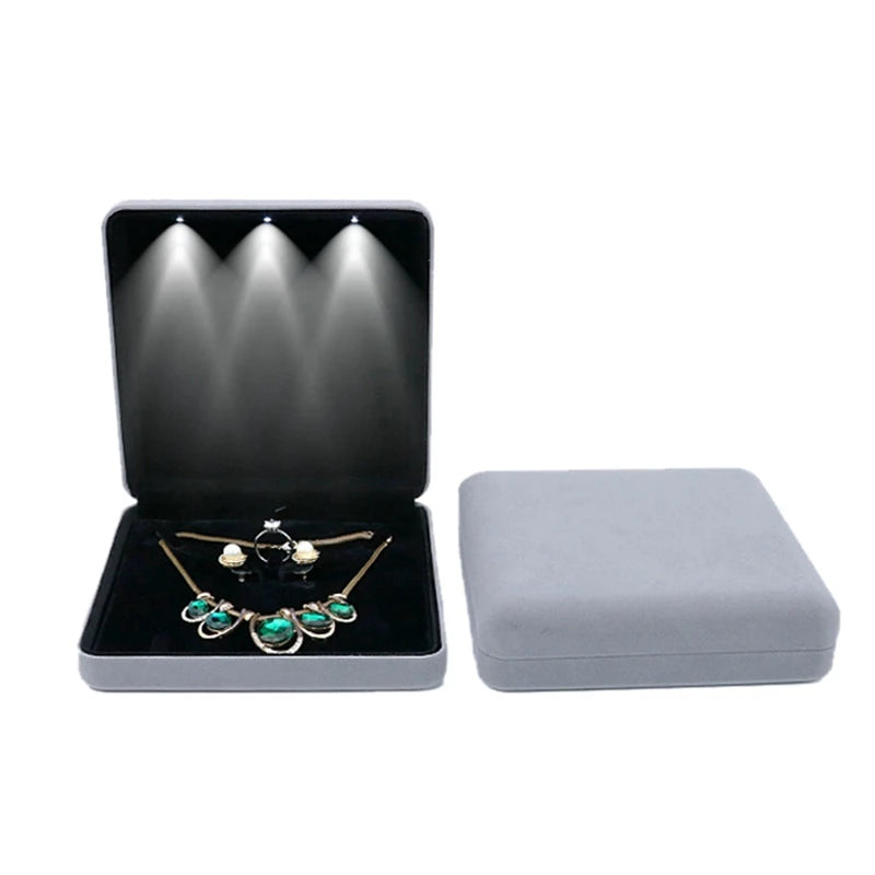 Large Velvet LED Jewelry Set Box Necklace Earrings Ring Jewellery Gift Display Storage Case with Custom Logo