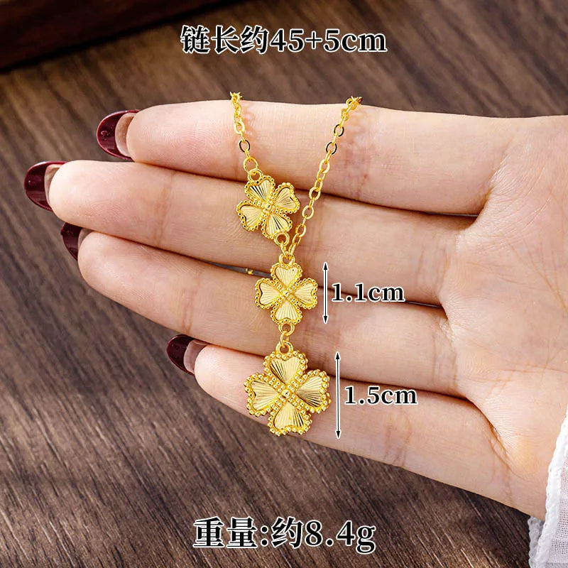 Luxury 24K 9999 Pure Gold real gold Women's Simple Style Lucky Grass Bracelet Flower Necklace Earrings Set