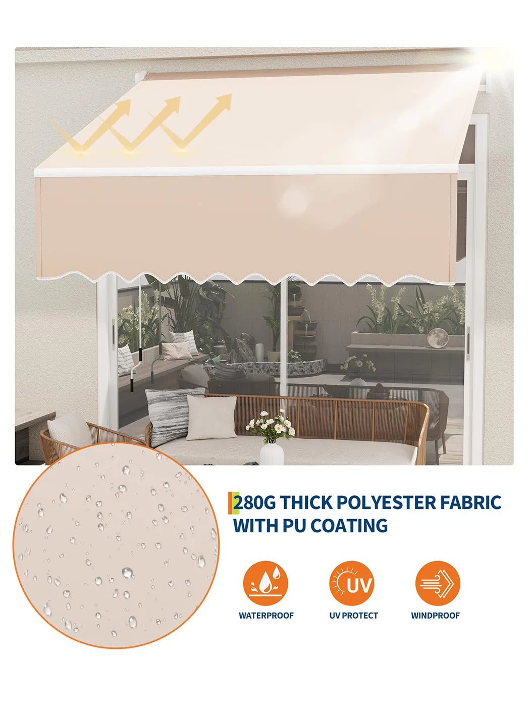 3x2.5m Retractable Patio Awning, Manual Crank Sun Shade With Waterproof Uv50+ Fabric & Aluminum Frame For Balcony Garden Outdoor