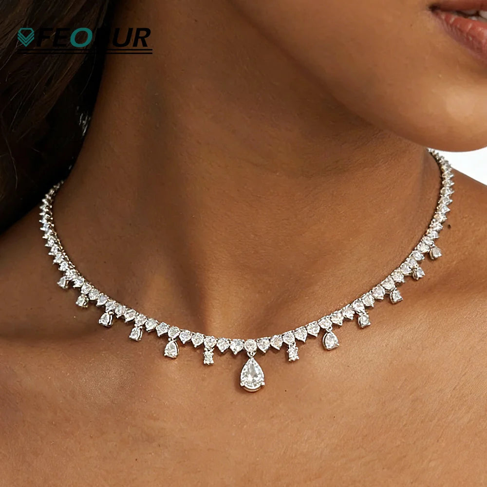 Full 3MM Moissanite Tennis Necklace with Pear Pendant 925 Sterling Silver Tassel Lab Diamond NeckChain for Women Wedding Jewelry