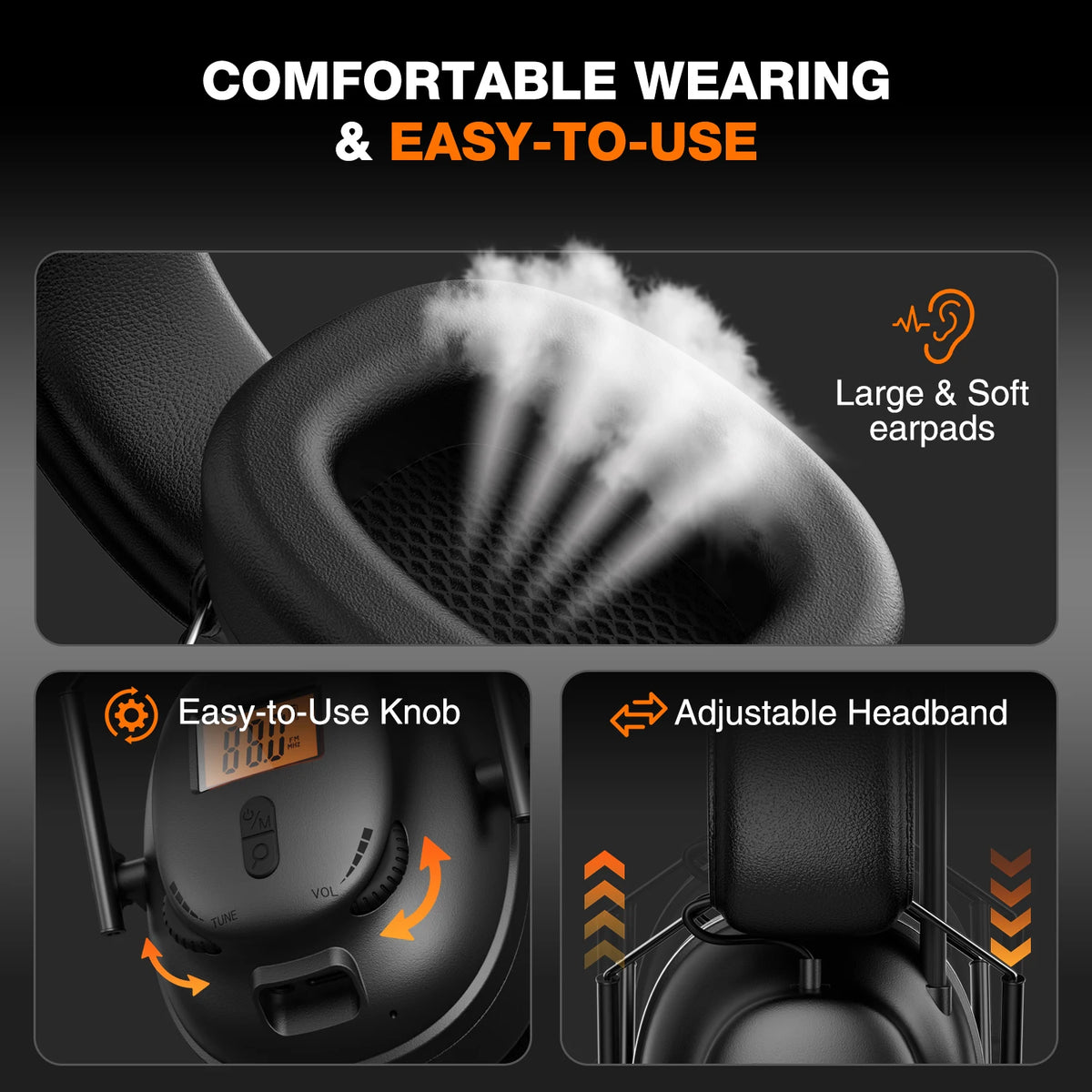 Bluetooth 5.4 AM/FM Radio Headphones with 30dB Ear Protection, 50H Playtime. USB-C Rechargeable. Great for Work & Gifts.
