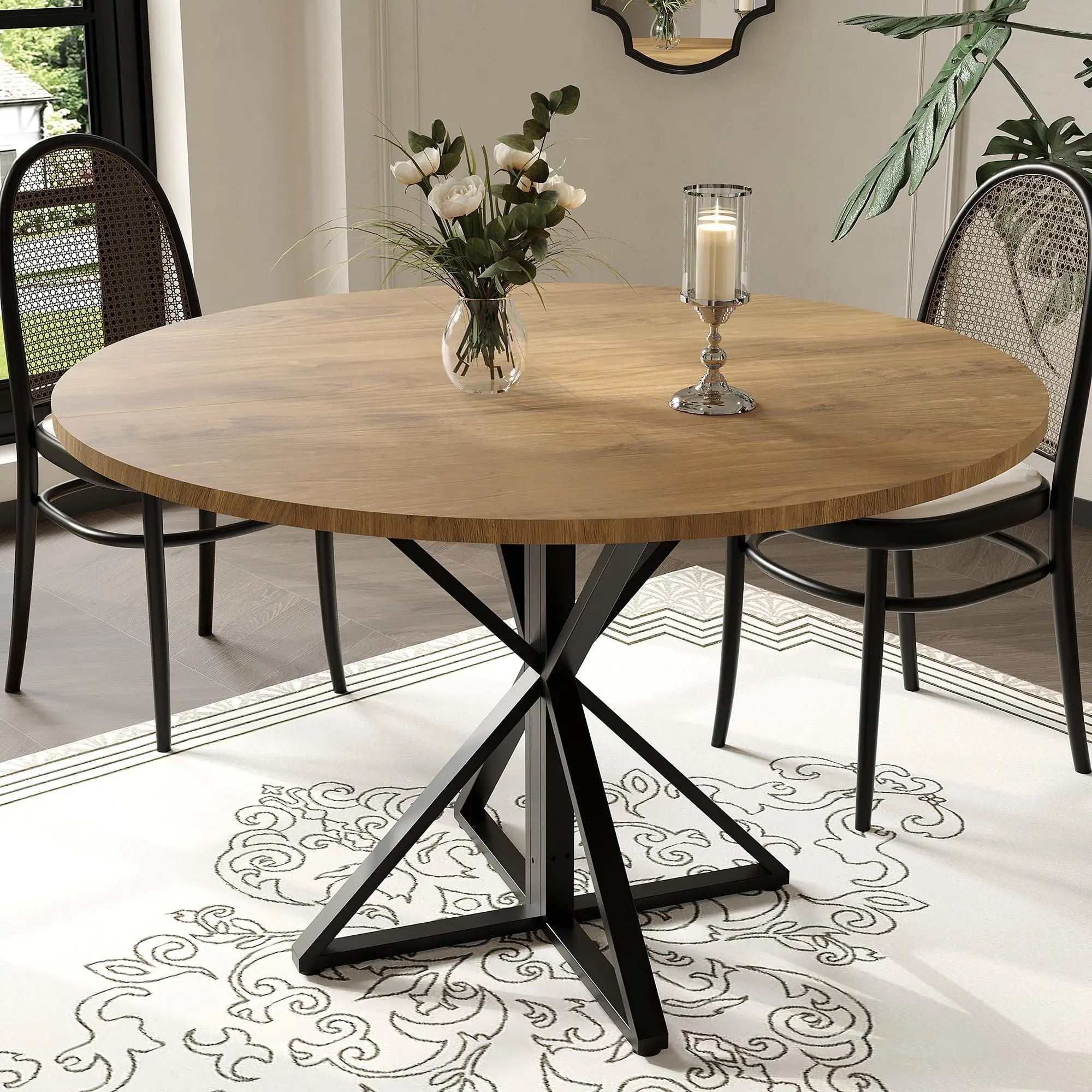 Garvee 4 People Version 47" Circle Counter Table: Oak Farmhouse Kitchen Living Room Dinner Ledge, Large Space-Saving Outside Framework Central Pedestal Desk for Dining Room Lounge Corridor Furniture Moving Tool Kit