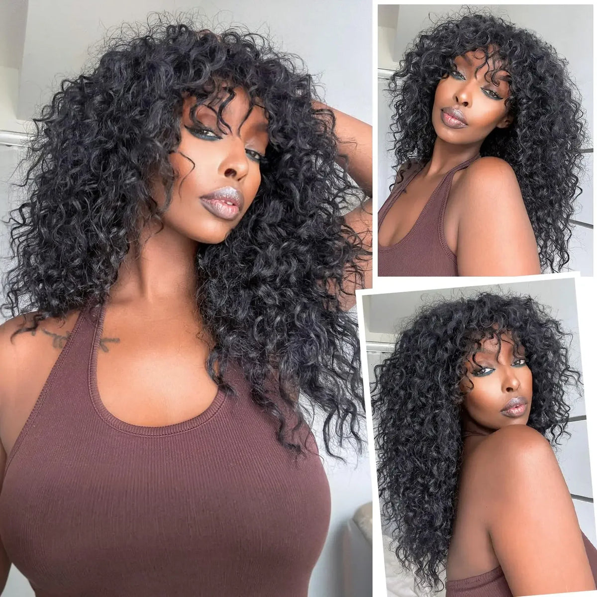 Water Curly 100% Virgin Human Hair Wig with Bangs 210% Density Peruvian Hair  Full Machine Made Wigs Natural Black Color