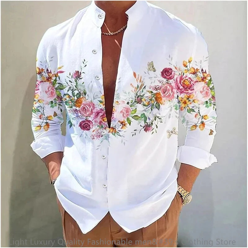 New men's shirt long-sleeved shirt 3D printing flower pattern long-sleeved standing clothing fashion casual XS-6XL soft fabric