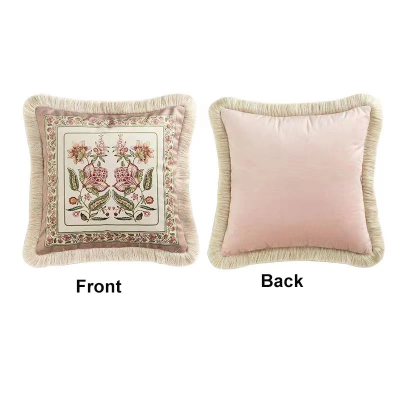 Pink Printed Fringed Pillow Cases Retro Light Luxury Pillow Cover Decorative Soft Dutch Velvet Round Cushion Cover Home Dector