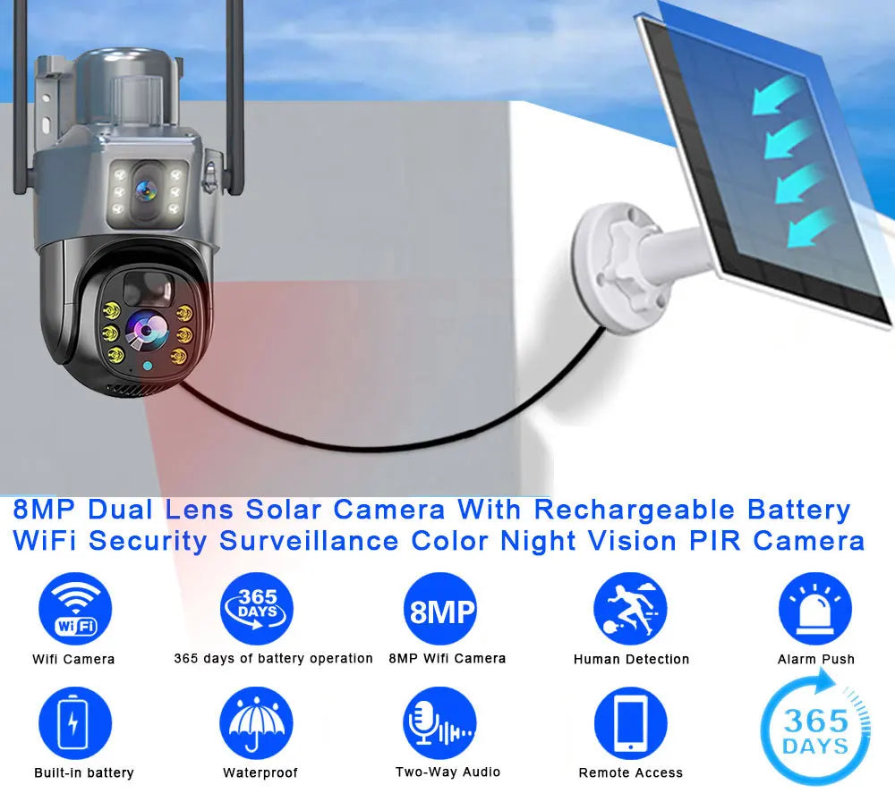 4K 8MP Solar PTZ Camera WIFI Dual Lens Security CCTV Zoom Humanoid Tracking Record Outdoor Wireless Surveillance Cam 128 TF Card