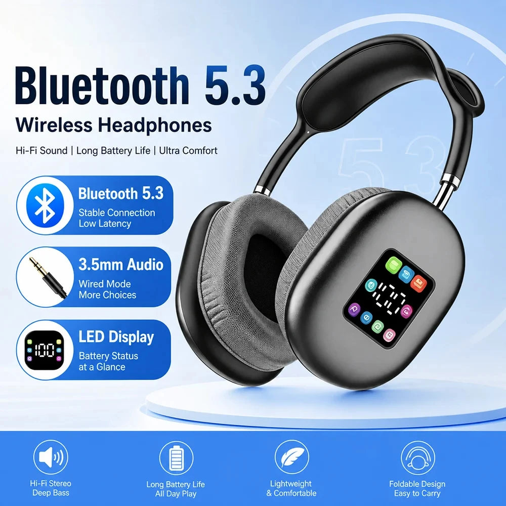Bluetooth 5.3 Headphones with LED Screen 3.5mm AUX Over Ear Earphones HIFI Stereo Noise Cancelling Wireless Headsets