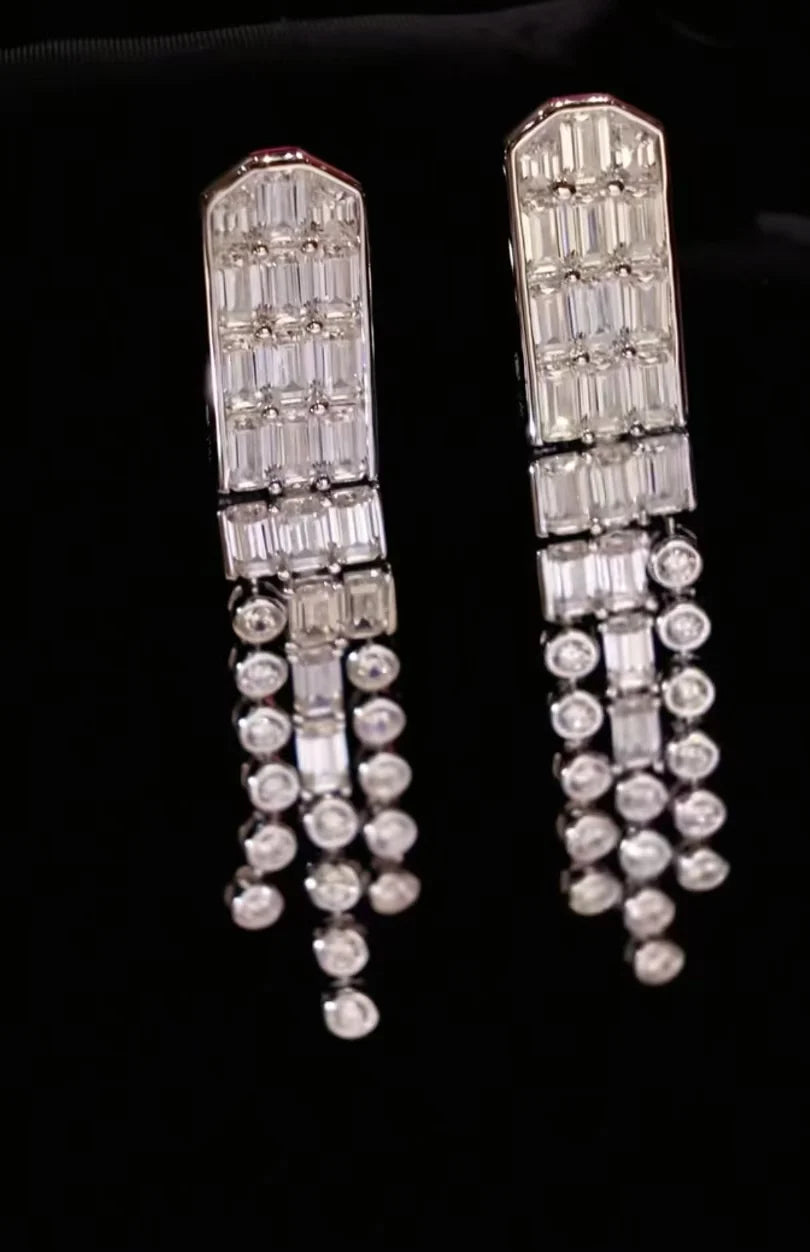 Bellux 925 Silver Synthetic Zircon White Emerald Cut Gemstone Small Round Diamond Tassel Long Earrings for Women
