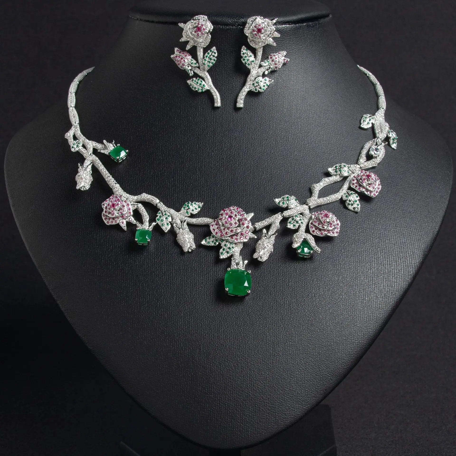 Creative Ladies Jewellery Luxury Rose Necklace Earrings Ring Set Prom Wedding Graduation Holiday Zirconia Accessories M-360